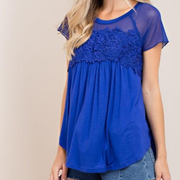 Tops - Royal Blue Mesh Floral Short Sleeve Top Blouse